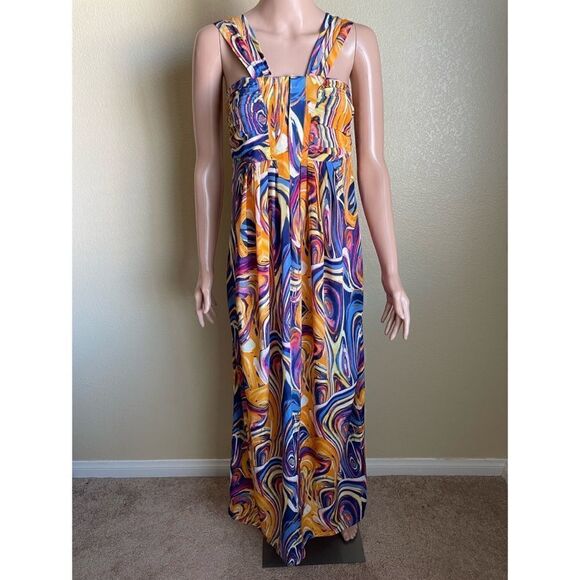 Line & Dot Silk Maxi Dress Orange Blue Purple Swirl Pattern Size Small - Picture 1 of 12